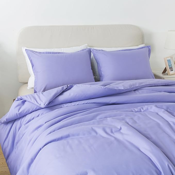 Full Size Lavender Purple Comforter Set, Solid Down Alternative Soft Boho Bedding Comforter Set, Breathable Fluffy Skin-Friendly Comforter for All Seasons with Pillowcases