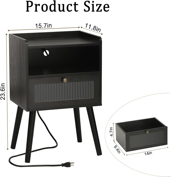 AWASEN Black Nightstand with Charging Station, Modern Bedside Table with Glass Decorative Drawer, Small End Table Side Table with 2 Tiers Storage Space, for Bedroom, Office and Small Space (Black)