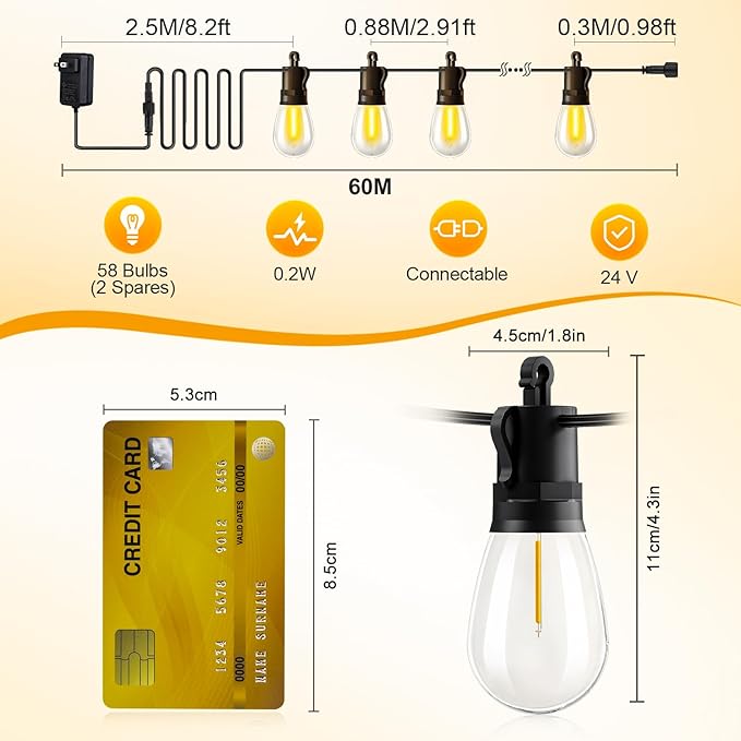 Outdoor String Lights Patio LED Light Outside - 60M 58+2 S14 LED Dimmable 200ft Porch Lighting IP65 Waterproof