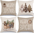 GEEORY Christmas Pillow Covers 20 x 20 Inch Set of 4, Striped Wooden Tree Snow Sleigh Merry Bright Xmas Holiday Decor Decorative Throw Cushion Case Decoration for Home Party Sofa Couch (Brown)