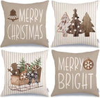 GEEORY Christmas Pillow Covers 20 x 20 Inch Set of 4, Striped Wooden Tree Snow Sleigh Merry Bright Xmas Holiday Decor Decorative Throw Cushion Case Decoration for Home Party Sofa Couch (Brown)