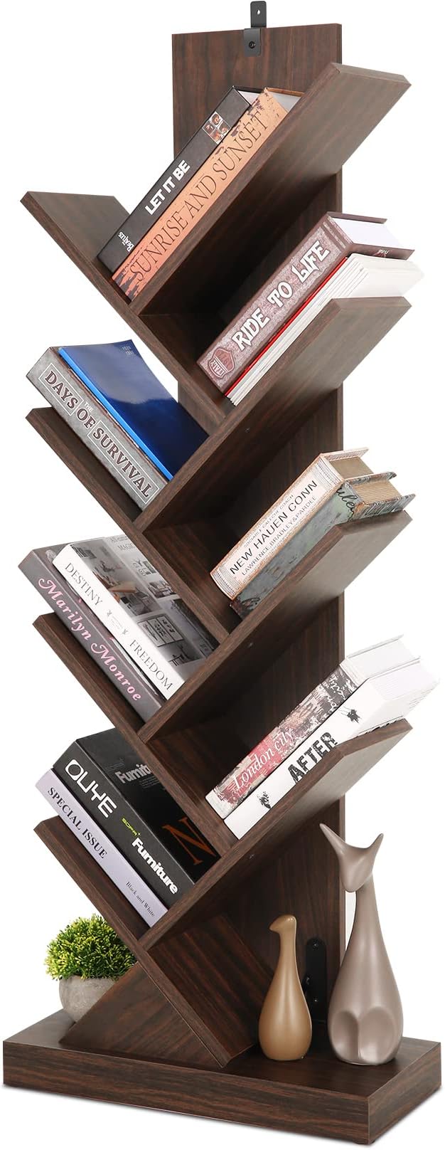 8 Tier Tree Bookshelf, 8 Shelf Open Book Case, Sturdy Tree Bookcase, Narrow Book Organizer Shelves for Bedroom, Living Room, Home Office, Dark Brown, w/Wall Anchor, 15.9"x8.1"x47.6"
