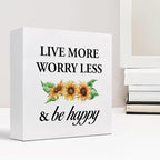 Live More Worry Less and Be Happy Sunflower Wood Block Sign Desk Decor,Rustic Inspirational Wooden Box Plaque Sign Desk Decor for Home Bedroom Living Room Office Shelf Table Decorations