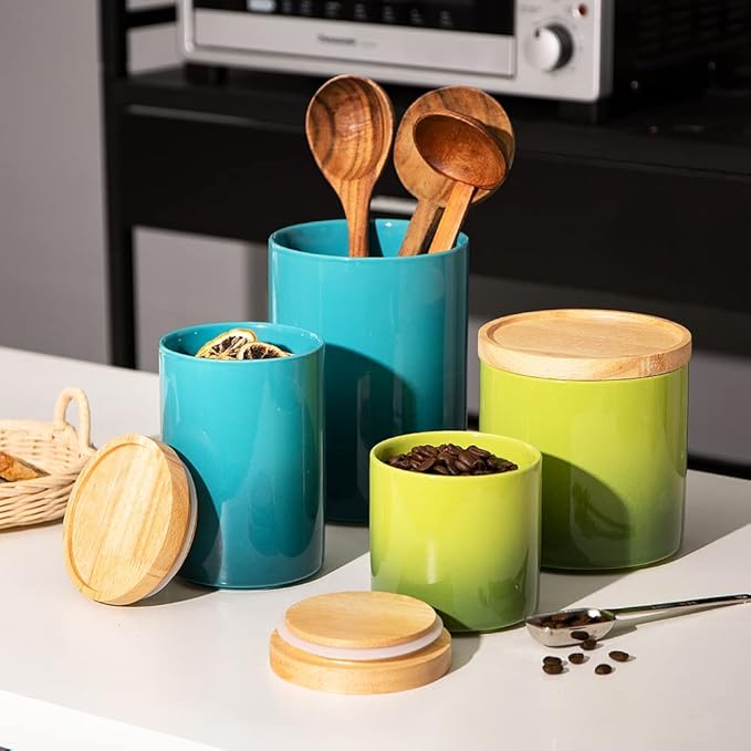 Sweejar Ceramic Food Storage Jar, Stackable Kitchen Canisters, Containers with Airtight Seal Wooden Lid for Serving Ground Coffee, Tea, Sugar, Salt and More - 28 Fl Oz (Gradient Green)