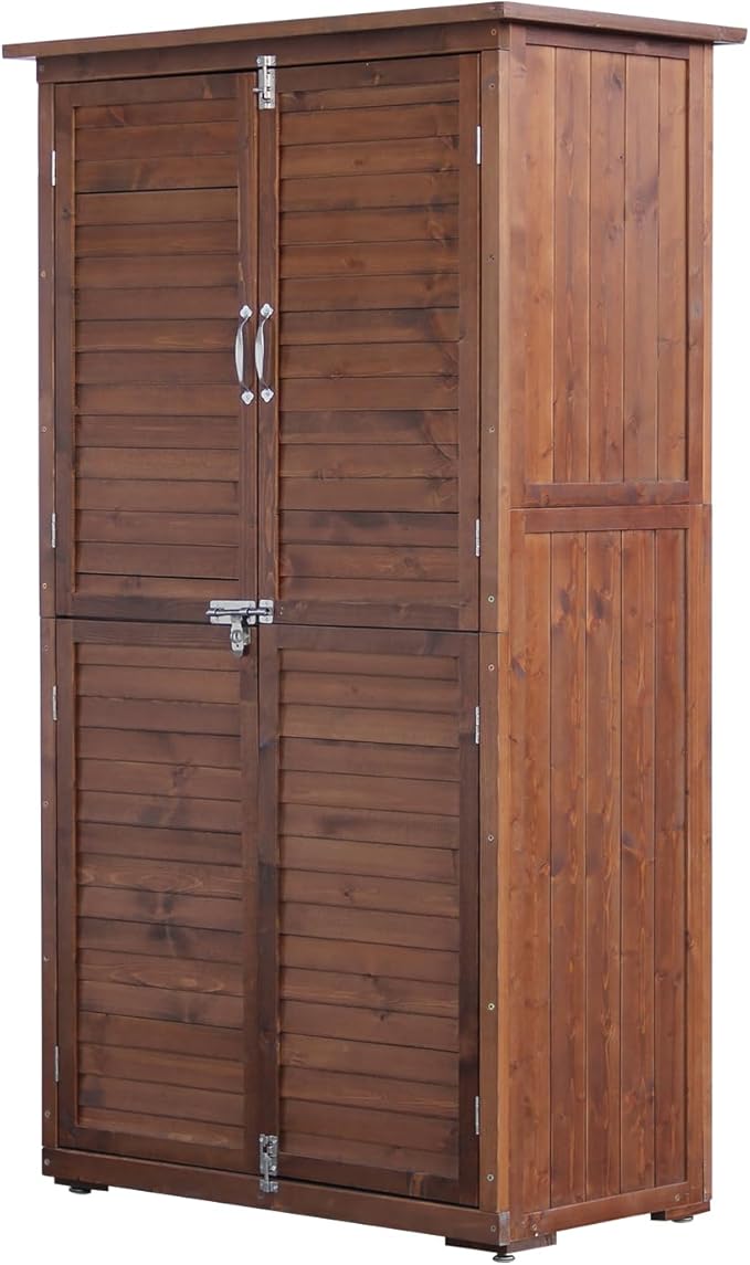 Outdoor Storage Cabinet, Wood Garden Shed, Pool Storage Shed with Lockable Door, Waterproof Roof and 2 Removable Shelves, Vertical Outside Storage Shed for Patio, Backyard, Carbonized Black