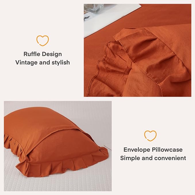 Andency Terracotta Ruffle Comforter Queen(90x90Inch), 3 Pieces(1 Ruffled Comforter and 2 Pillowcases) Solid Farmhouse Shabby Chic Comforter, Vintage Rustic Soft Microfiber Bedding Set