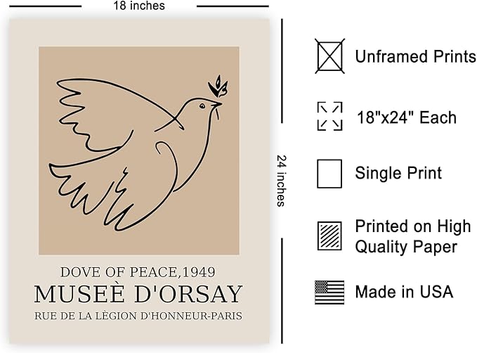 Poster Master Vintage Poster - Retro Minimalist Print - Gift for Artist, Friend - Dove Of Peace, Line Drawing, Sketch, Abstract - Wall Decor for Living Room, Bedroom, 18x24 Unframed Wall Art