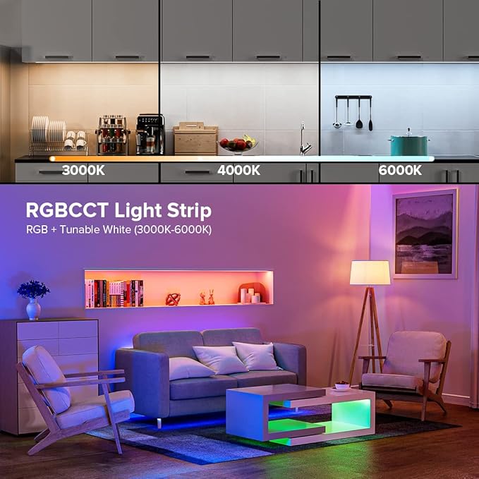 BTF-LIGHTING RGBCCT 5 Colors in 1 LED Tape Lights 5050SMD RGBWW RGB+Dimmable Color Temperature 2700K-6500K 16.4ft 96LED/m 480LED IP30 DC12V Black PCB for Home Decoration(No Adapter or Controller)
