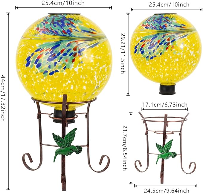 10" Diameter Solar Gazing Ball and 8.5" Metal Stand Indoor Outdoor Glass Globe Sphere Yard Art Ornament Solar Gazing Balls for Garden,Lawn,Porch,Patio Gardening Gift for Women(Yellow)