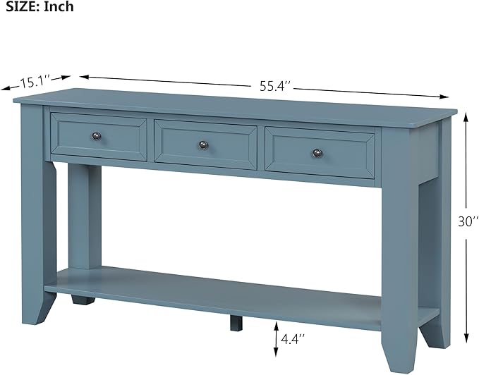 Farmhouse Modern Entryway Console Table 55.4'' Long Entry Sofa Table with Drawers & Storage Shelf for Living Room Hallway, Blue