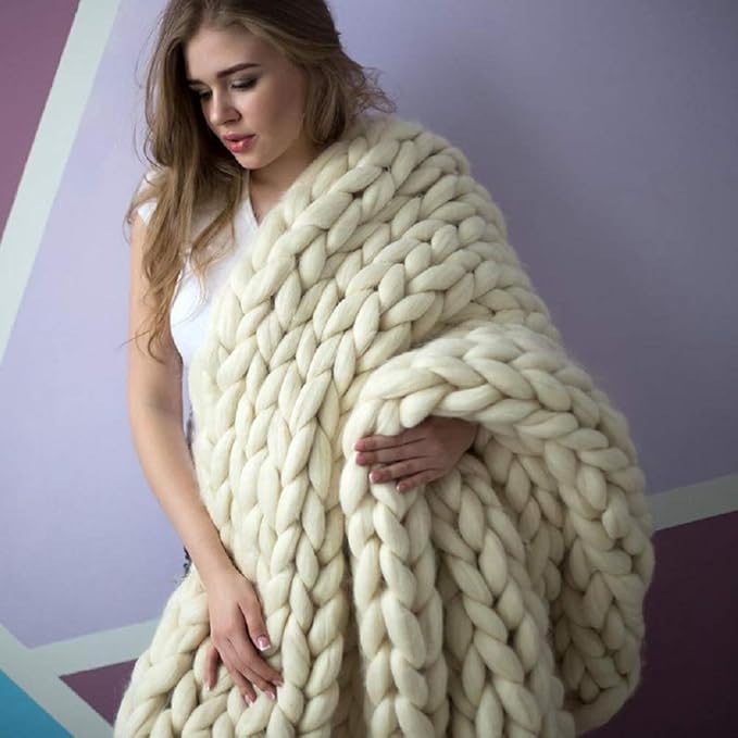Chunky Knit Blanket Hand Made Merino Wool Throw Boho Bedroom Sofa Home Decor Giant Yarn(Ivory White 40"x47")