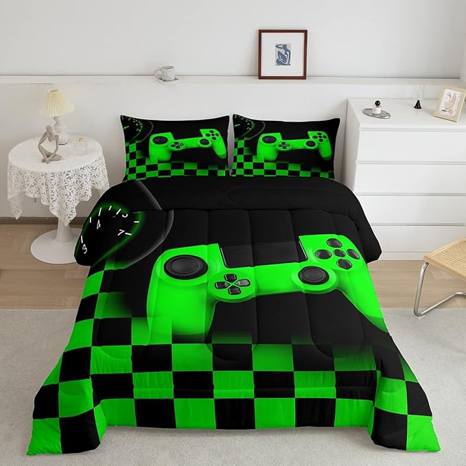 Gaming Bedding Set Queen Size Game Comforter Set for Boys Girls Kids Teens Soft Microfiber Green Modern Buttons Video Game Duvet Insert Gamer Room Decorative 3 Piece Bedding Set with 2 Pillow Shams