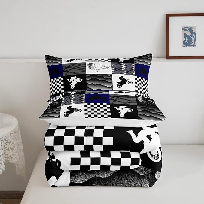 Dirt Bike Comforter Set, Motocross Rider Bedding Comforter Sets Twin, Motorcycle Grunge Down Comforter For Kids Boys Adult Men, Motorbike Extreme Sport Game Comforter, Buffalo Plaid, Blue Grey Black