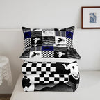 Dirt Bike Comforter Set, Motocross Rider Bedding Comforter Sets Twin, Motorcycle Grunge Down Comforter For Kids Boys Adult Men, Motorbike Extreme Sport Game Comforter, Buffalo Plaid, Blue Grey Black