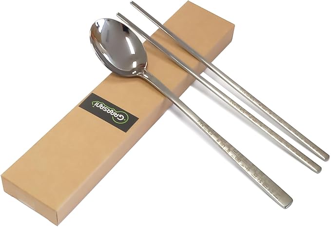 GARASANI Korean Traditional Cutlery Stainless Steel Spoons and Chopsticks Set (Silver Hunminjeongeum)