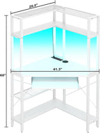 Cyclysio Small Corner Desk with Hutch, Corner Gaming Desk with LED Light & Power Outlets, Computer Desk with Keyboard Tray, Triangel Desk for Small Space, Home Office, Workstation, White