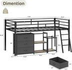 Bonnlo Low Loft Bed with 3 Drawers, 2-Tier Storage Shelf and Toy Storage Basket, Metal loft Bed Twin Size with LED Lights and Safety Guardrail for Kids (Black)