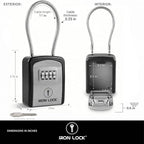 Iron Lock® Key Lock Box with Code, Portable Cable Shackle (Small, Grey) | Holds 2-3 house keys or an access card; 11-in steel cable loops on gate or rail; weather-resistant; no app or battery