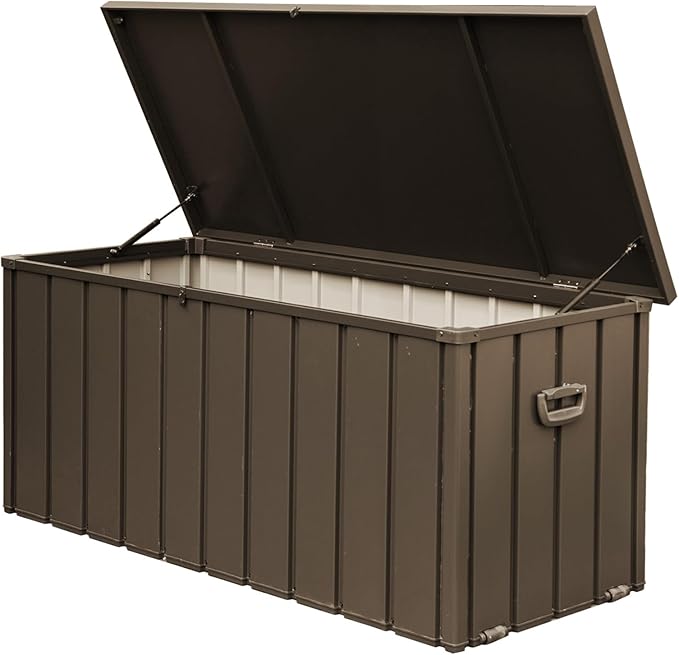 CHUNLY 150 Gallon Storage Deck Box with Lockable Lids, Outdoor Storage Bench with Mobility Rollers, Waterproof Patio Storage Box for Furniture Cushions, Throw Pillows & Garden Tools (Dark Brown)