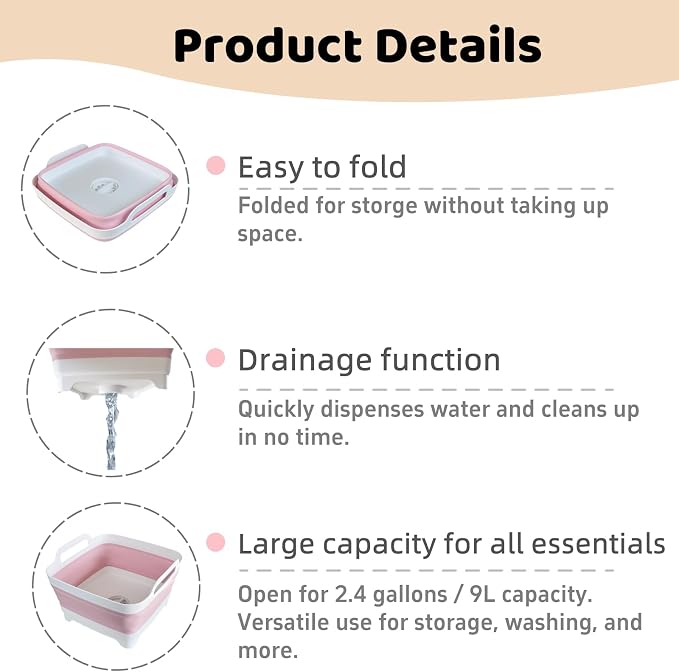 Collapsible Wash Basin for Baby Bottles - 2.4 Gallons Portable Wash Bin for RV Camping Sink, Space-Saving Dish Tub (Pink)