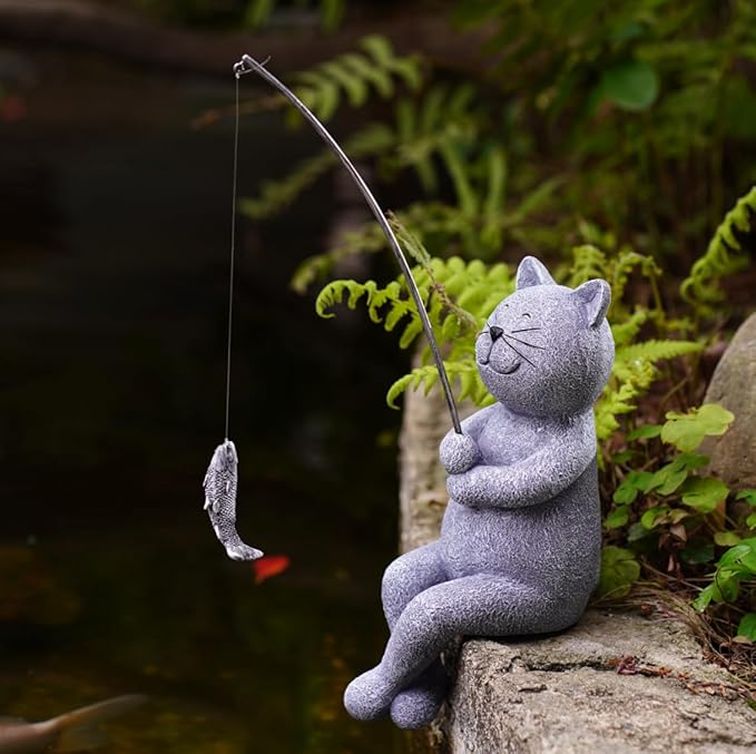 Goodeco Fishing Cat Garden Statue – 10" Little Cat Fisher for Garden Pond Decor, Poolside Statue with Glow in Dark Pebbles Included,Great Gifts for Mom, Women & Birthdays (Cat)