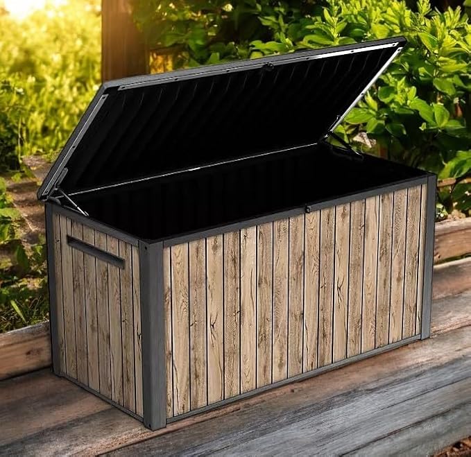 Outdoor Storage Box, Wood-Look Resin Deck Container, Indoor/Outdoor Storage, Ash Wood Brown (170 Gallon)