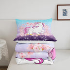 Unicorn Comforter Set Twin, Kids Unicorn Floral Bedding for Girls Boys Children Bedroom Decor, Cherry Blossoms Glitter Down Comforter Galaxy Kawaii Quilt Set with 1 Pillowcase, Blue Purple Ombre