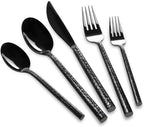 18/10 Stainless Steel Flatware Set Hand Forged Silverware Set Black Cutlery Set Round Hammered Handle Mirror Finished Heavy Duty 20 Pieces Service for 4
