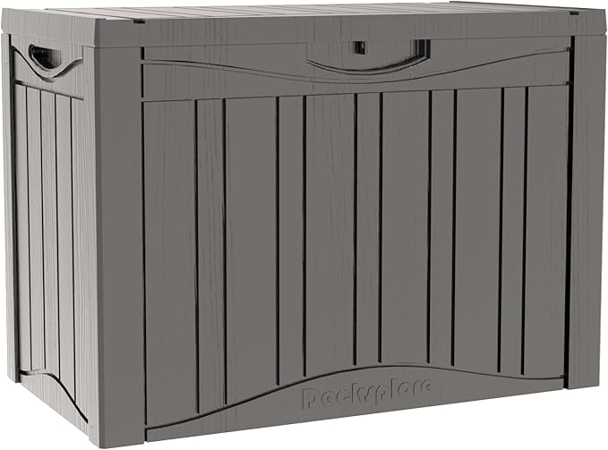 50GAL Brown Deck Box with Special Pattern & Lock Hole – Waterproof, SGS - Approved UV Resistance, Stylish Storage for Outdoor Cushions & Decor, Effortless Assembly