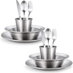 Odoland Stainless Steel Camping Mess Kit for Family & Person | Cooking Tableware Utensils with Plates Bowls Forks Spoons Knives & Savings Bag for Camping, Backpacking, Hiking, Picnic