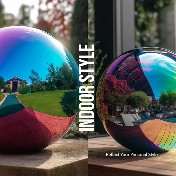 12 Inch Stainless Steel Gazing Globe,v2croft Hollow Ball Mirrored Surface Polished Shiny Sphere,Garden Stainless Steel Gazing Ball for Outdoor Lawn Pond Yard Ornament(rainbow)
