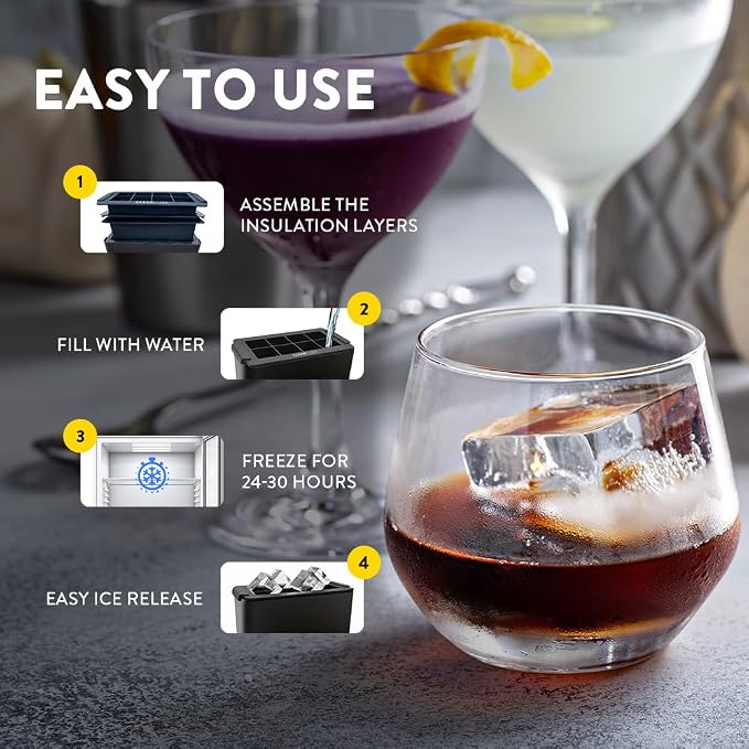 Clearcube Crystal Clear Ice Cube Maker - 6 Piece Directional Freezing System - Makes 8 Jumbo 2 Inch Crystal Clear Ice Cubes - No Odor Lid No Freezer Burn - Perfect for Whiskey Cocktails and More
