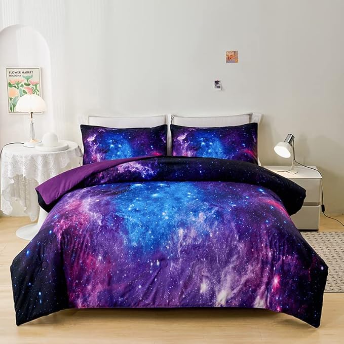 Galaxy Comforter Set,Girls Purple Bedding Set Full,Galaxy Bedding Set for Kids Girls Boys,Space Comforter Set Full with Pillowcase,Girls Full Comforter Set