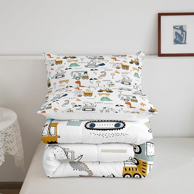 Feelyou Construction Bedding Set Queen Size Equipment Trucks Comforter Set for Kids Boys Girls Decor Dinosaur Comforter 3D Digital Print Yellow Duvet Set Bedroom Quilt Set
