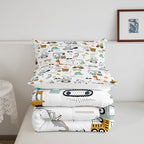 Feelyou Construction Bedding Set Queen Size Equipment Trucks Comforter Set for Kids Boys Girls Decor Dinosaur Comforter 3D Digital Print Yellow Duvet Set Bedroom Quilt Set