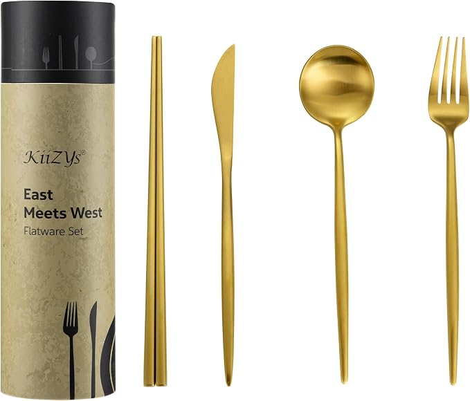 Matte Gold Utensils Set - 16-piece KiiZYs Cutlery Stainless Steel Silverware - Flatware Set Korean Chopsticks Fork Spoon Knife - Cubiertos Dorados Dishwasher Safe Gift Box (Gold, Service for 4)