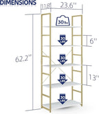 NUMENN 5 Tier Bookshelf, Tall Bookcase Shelf Storage Organizer, Modern Book Shelf for Bedroom, Living Room and Home Office, White/Gold