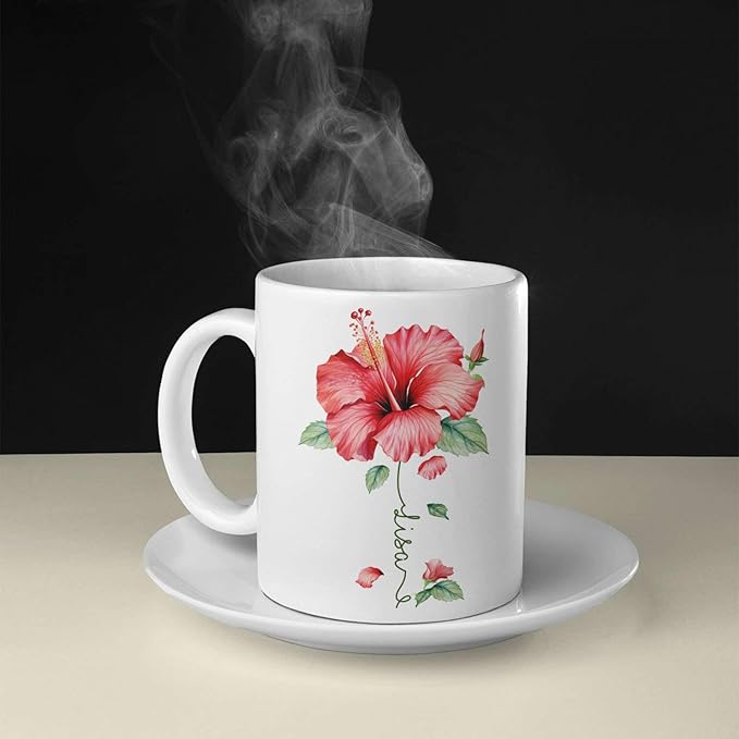 Personalized Hibiscus Blossom Design Mug, Custom Name Vibrant Flower Coffee Cup, Customized Mug For Floral Enthusiasts, Novelty Hibiscus Flower Ceramic Cup 11oz 15oz, Gift For Women