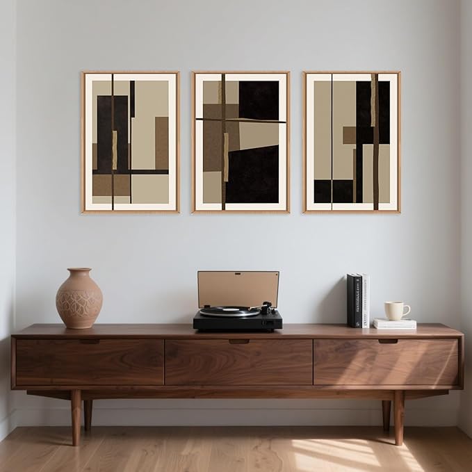 Abstract Shapes Framed Canvas Wall Art Set, Mid-Century Black Polygon Wall Decor, Black Brown Irregular Painting, Neutral Modern Art Print for Living Room, Dining Room, Office - 16"x24"x3