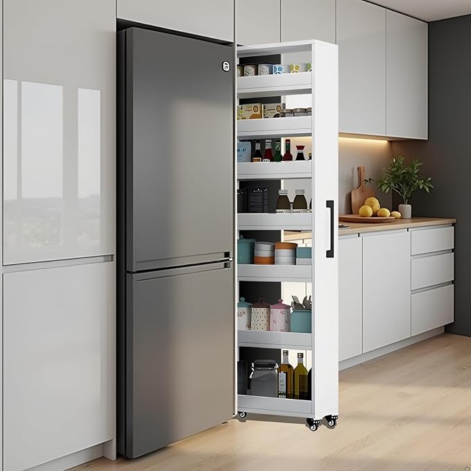 7-Tier Slim Storage Cart, Wooden Rolling Pantry Cabinet with Wheels, Narrow Shelf Organizer for Kitchen, Bakers Rack, Dining Room, Closet, Small Spaces Gray 47.2" H*7.8" W*23.6" D