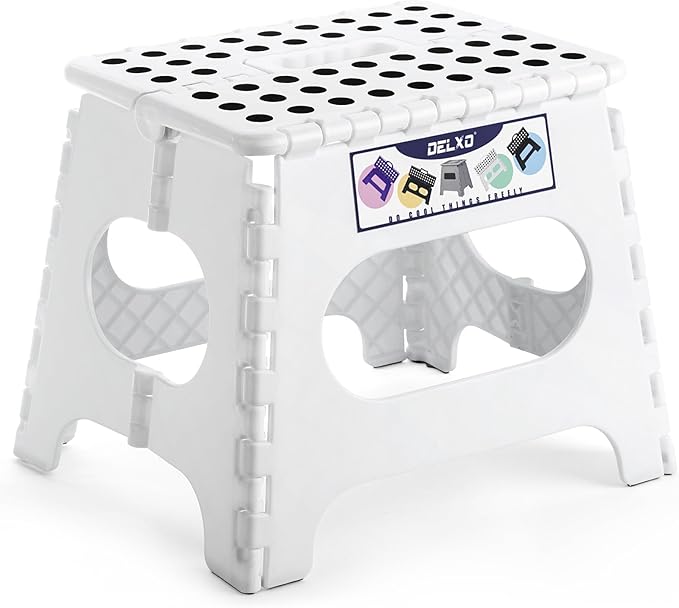 Delxo Folding Step Stool,11 Inch Non-Slip Foldable Step Stools for Kids and Adults,Portable Foldable Step Stool Lightweight Small Folding Stool with Handle for Kitchen Bathroom in White,1 Pack