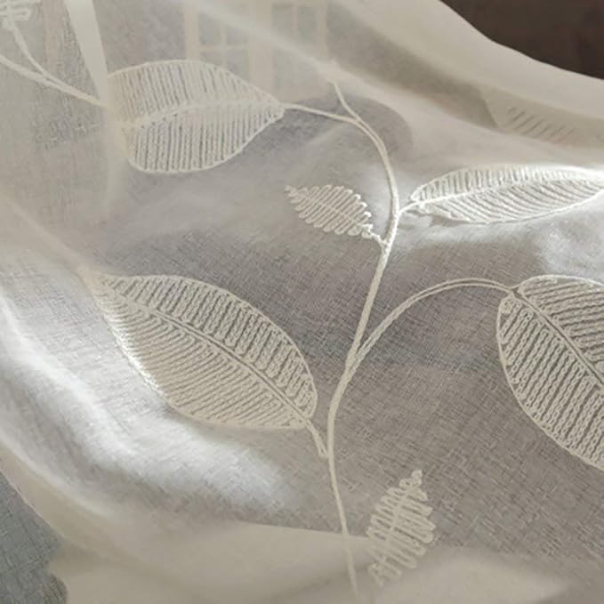 VOGOLWhite Rod Pocket Sheer Curtains 104 inches Long Embroidered Window Curtain Sheer Voile Panels for Living Room & Bedroom, Set of 2