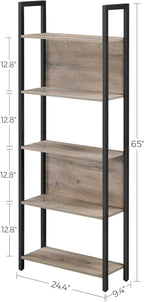 VASAGLE 5-Tier Bookshelf, Book Shelf, Industrial Bookcase, with Steel Frame, for Living Room, Home Office, Bedroom, 9.4 x 24.4 x 65 Inches, Greige and Black ULLS025B02