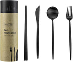 Matte Black KiiZYs Silverware Set - 16-Piece Kitchen Utensil With Korean Chopsticks - Stainless Steel Flatware Cutlery - Spoons, Forks, Knife - Dishwasher Safe - New Home Wedding Gifts (Black, 4 Sets)