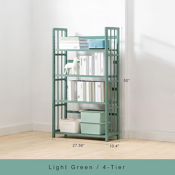 IOTXY Adjustable Bamboo Open Bookshelf - Medium 4-Tier Free Standing Storage Rack, Multifunctional Display Stand for Home and Office, Bookcase, Light Green