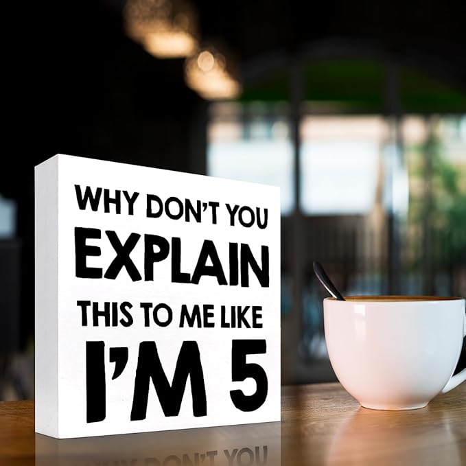Why Don't You Explain This to Me Like I'm 5 Wood Block Sign Desk Decor,Funny Wooden Box Plaque Sign Desk Decor for Home Office Shelf Table Decor Decorations