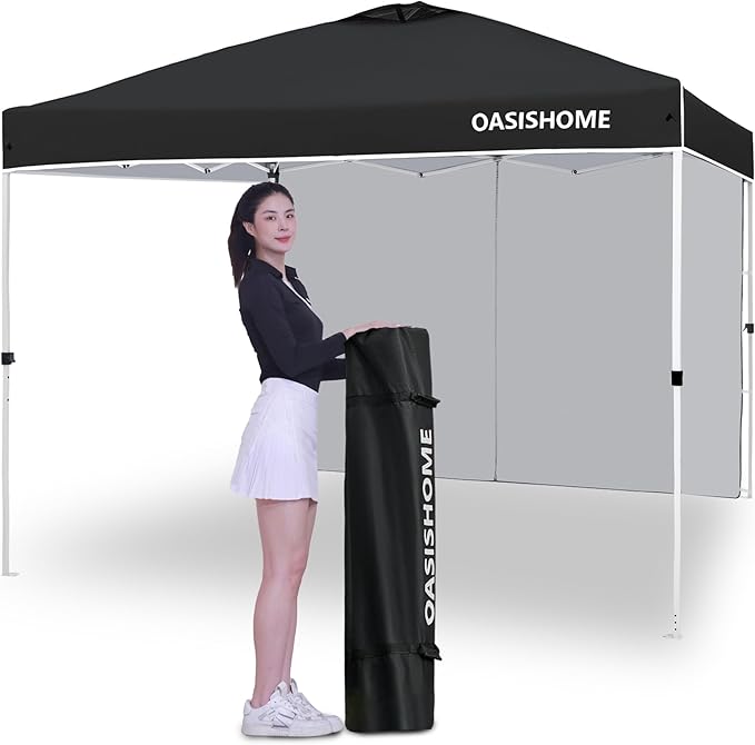 OASISHOME Pop-up Portable Outdoor Canopy Tent 10'x10' Instant Gazebo, with 1 Sidewall, Carry Bag, Stakes, Ropes, for Outdoor/Beach/Patio/Wedding Parties and Commercial Events (10FTx10FT, Black)