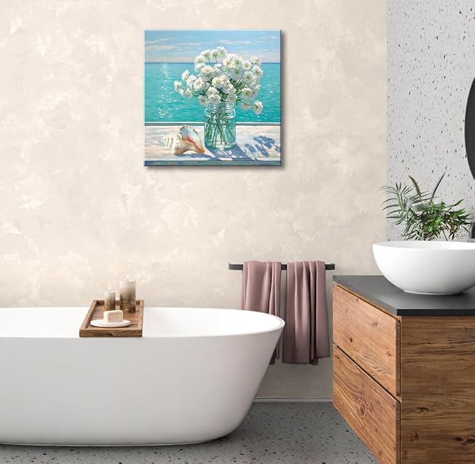 Bathroom Decor Ocean Daisy Flower Canvas Wall Art Coastal Nautical Seashell Seascape Framed Picture Ocean Theme Seascape Painting Artwork for Bedroom Home Decoration Square Blue 14x14"