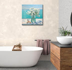 Bathroom Decor Ocean Daisy Flower Canvas Wall Art Coastal Nautical Seashell Seascape Framed Picture Ocean Theme Seascape Painting Artwork for Bedroom Home Decoration Square Blue 14x14"
