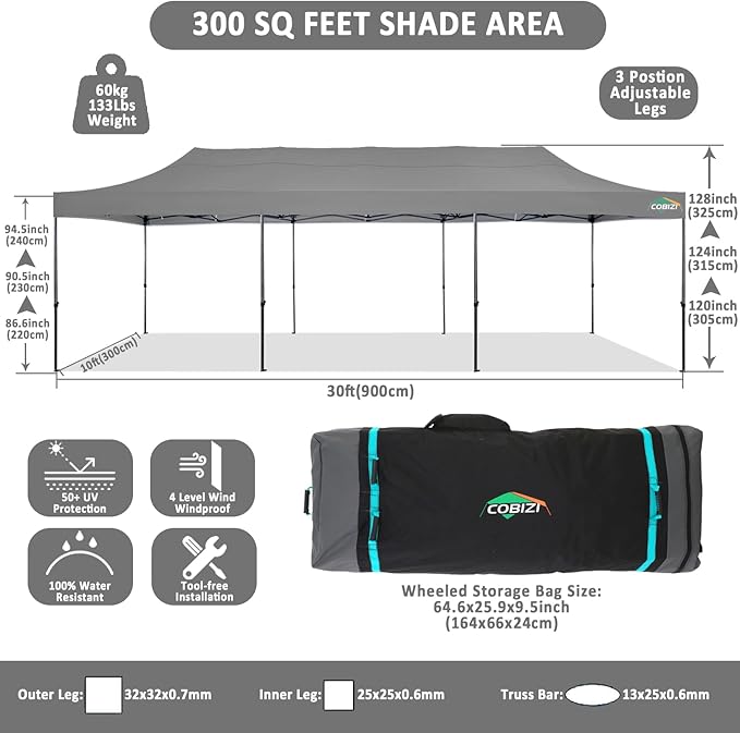 COBIZI 10x30 Pop Up Canopy Without Sidewall,Heavy Duty Canopy UPF 50+ All Season Wind Waterproof Commercial Outdoor Wedding Party Tents for Parties Canopy Gazebo with Roller Bag(10 x 30 ft Gray)